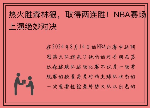 热火胜森林狼，取得两连胜！NBA赛场上演绝妙对决